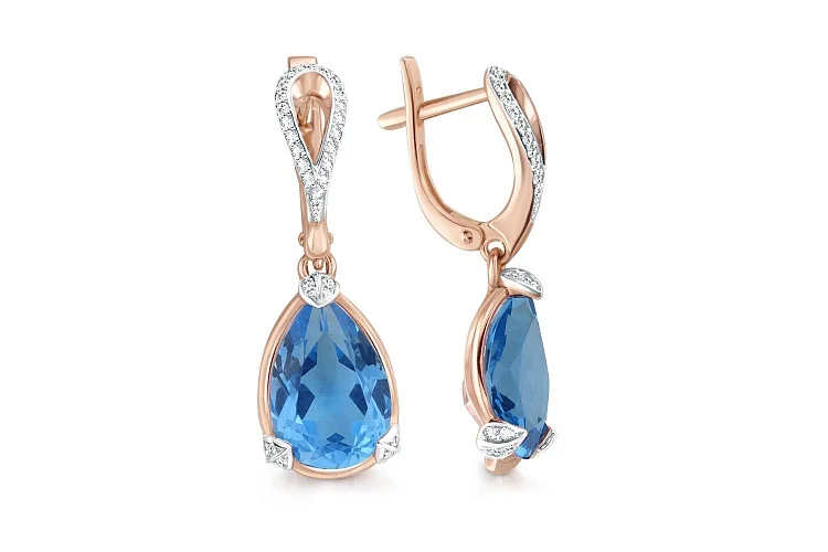 Серьги из красного золота с 2 наноситалами и 64 фианитами