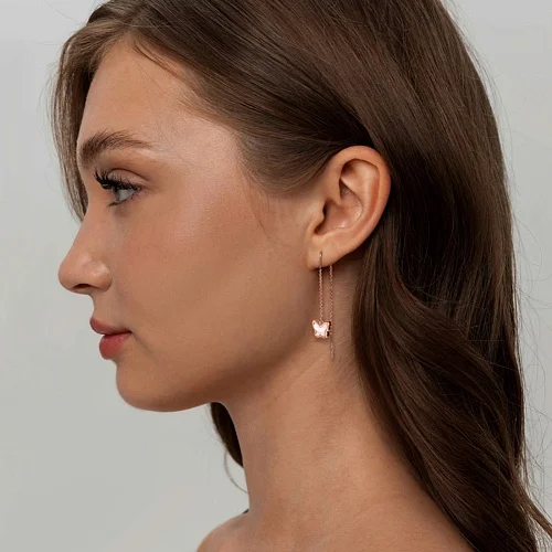 Серьги-продёвки Бабочки из красного золота с перламутром