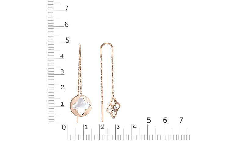 Серьги-продёвки Клевер из красного золота с перламутром и фианитом