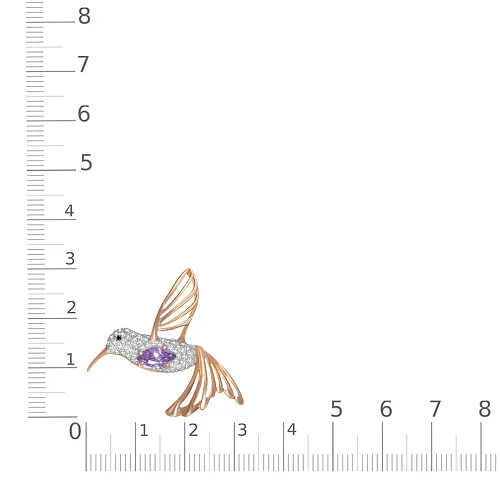 Брошь Колибри из красного золота с аметистом и 48 фианитами