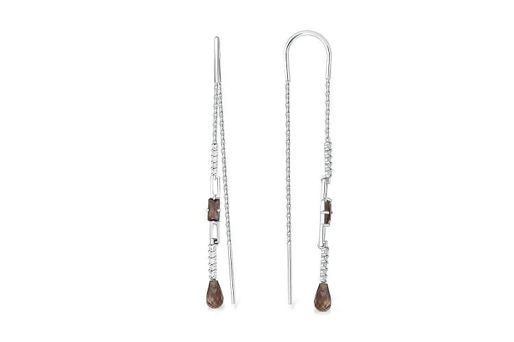 Серьги-продёвки из белого золота с 4 раухтопазами и 20 фианитами