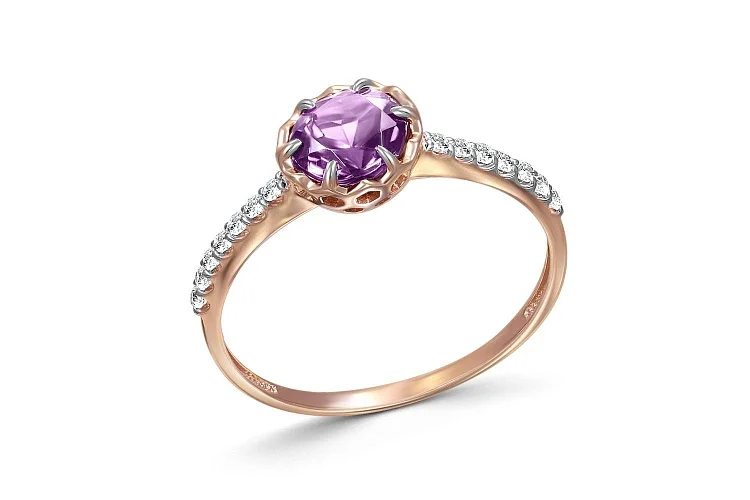 Кольцо из красного золота с аметистом и 14 фианитами