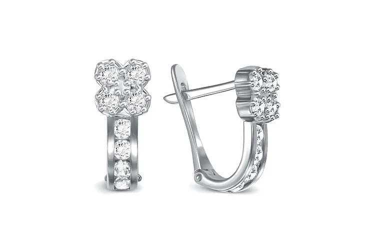 Серьги детские Цветы из белого золота с 18 фианитами