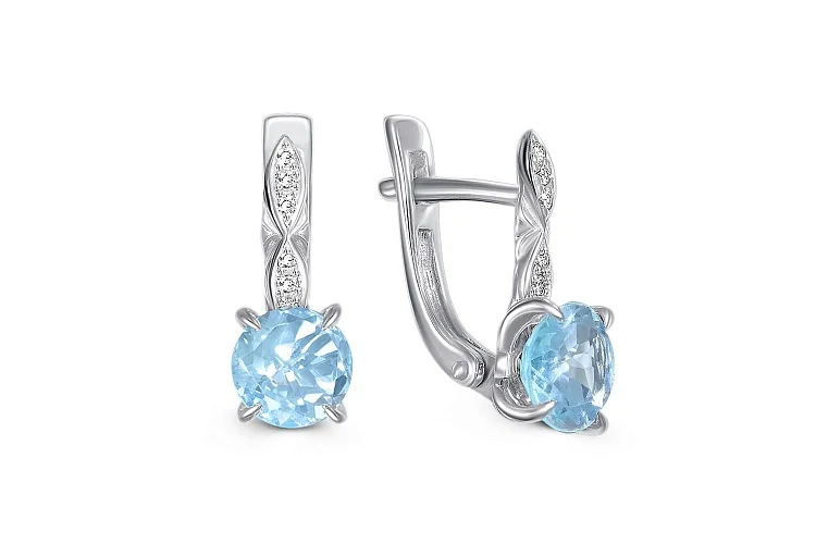 Серьги из белого золота с 2 топазами sky и 12 фианитами