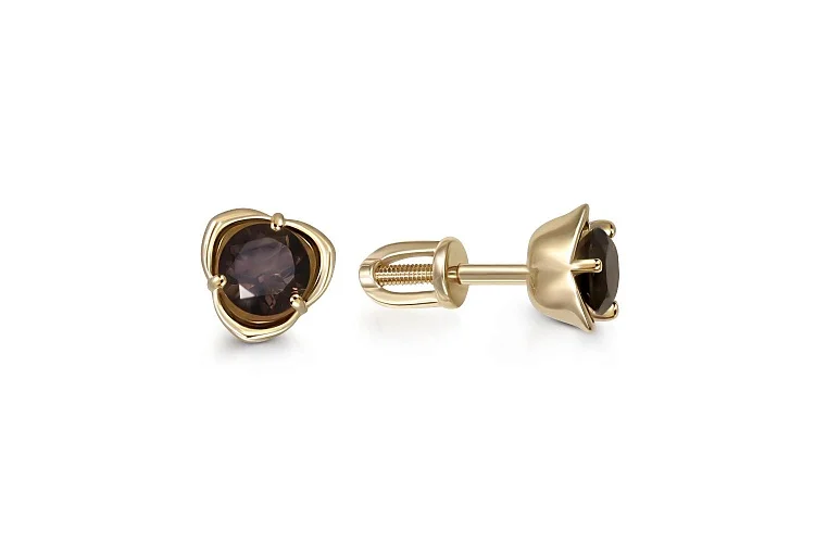 Серьги-пусеты Цветы из жёлтого золота с 2 раухтопазами