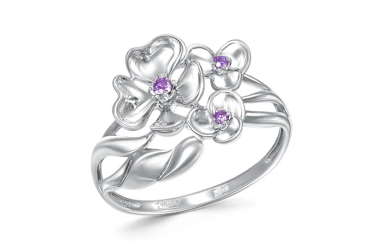 Кольцо Цветок из белого золота с 3 аметистами