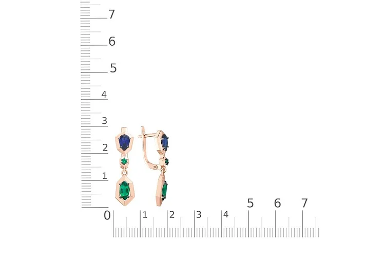 Серьги из красного золота с 4 изумрудами и 2 корундами