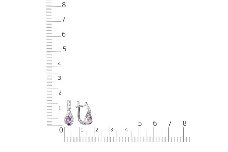 Серьги из белого золота с 2 аметистами и 14 фианитами