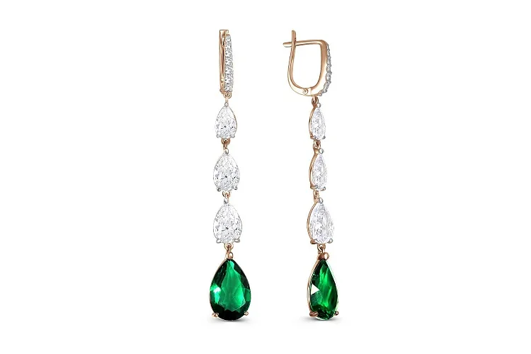 Серьги из красного золота с 2 изумрудами и 20 фианитами