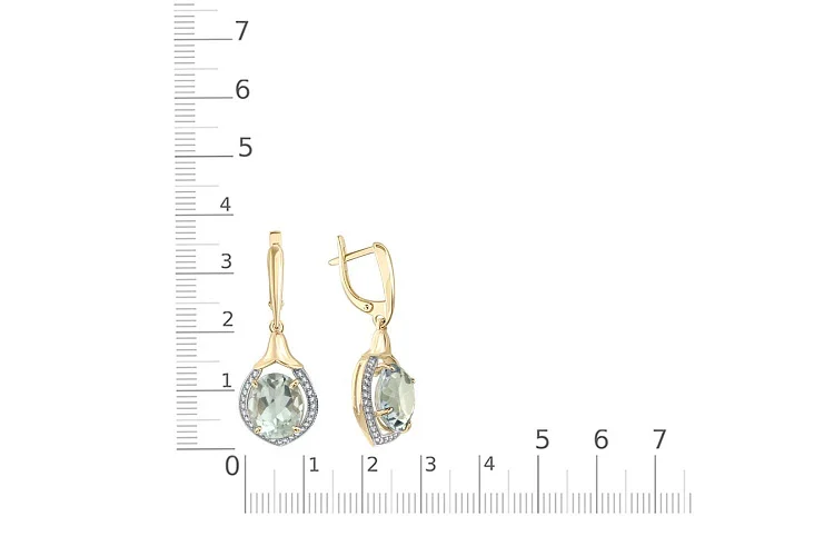 Серьги из жёлтого золота с 2 празиолитами и 54 фианитами