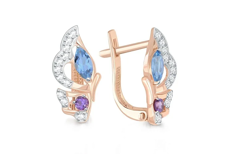 Серьги Бабочки из красного золота с топазами swiss, фианитами и аметистами