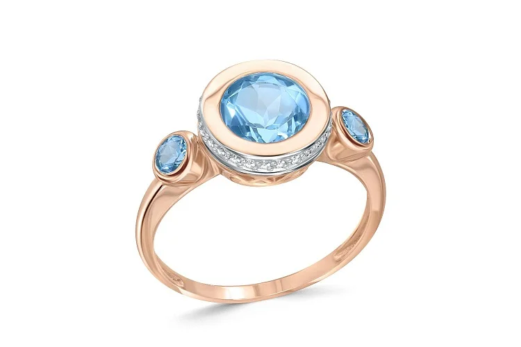 Кольцо из красного золота с 3 топазами swiss и 26 фианитами