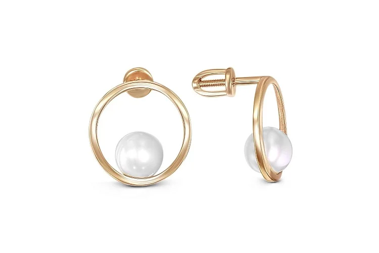 Серьги-пусеты Круги из красного золота с 2 жемчужинами