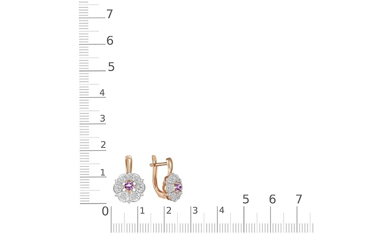 Серьги Цветы из красного золота с 2 аметистами и 48 фианитами