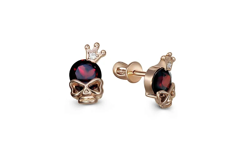 Детские серьги-пусеты Короны из красного золота с 2 гранатами и 2 фианитами