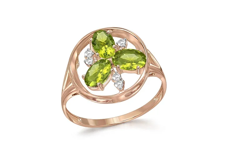 Кольцо из красного золота с 3 хризолитами и 5 фианитами