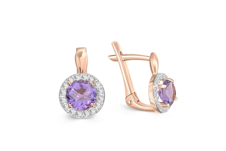 Серьги из красного золота с 2 аметистами и 32 фианитами
