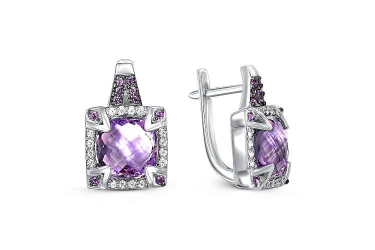 Серьги из белого золота с 2 аметистами и 52 фианитами