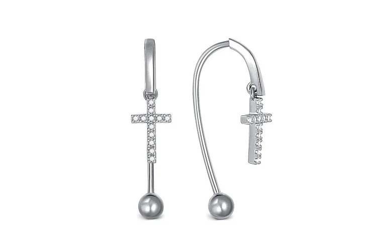 Серьги Кресты из белого золота с 24 фианитами