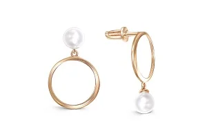 Серьги-пусеты Круги из красного золота с 2 жемчужинами