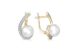Серьги из жёлтого золота с 2 жемчужинами и 38 фианитами