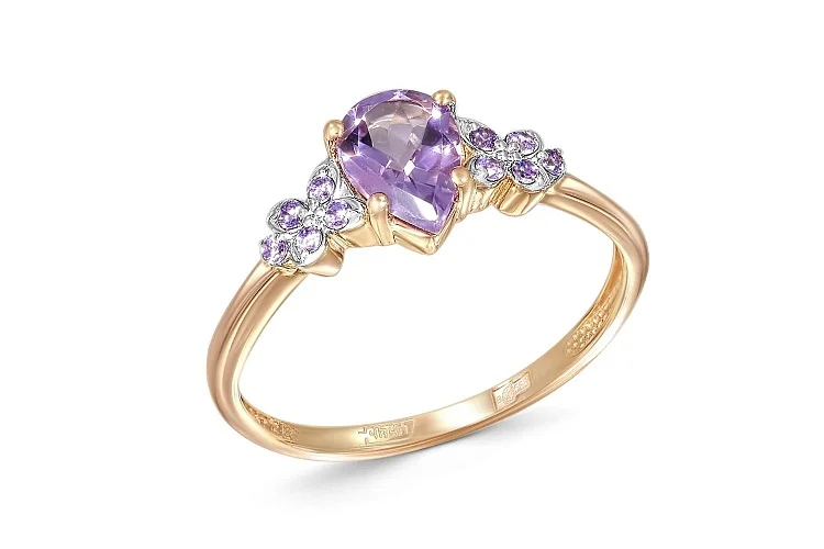 Кольцо Цветок из красного золота с аметистом и 10 фианитами