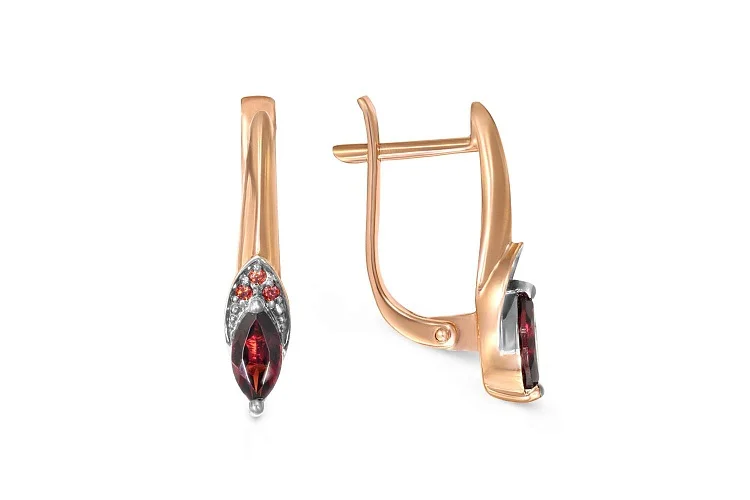 Серьги из красного золота с 2 гранатами и 6 фианитами