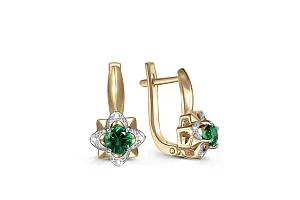Серьги Цветы из жёлтого золота с 2 изумрудами и 8 бриллиантами