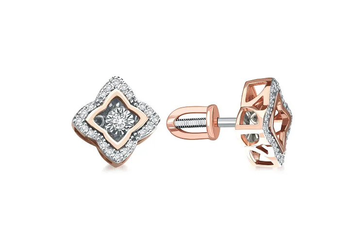 Серьги-пусеты Клевер из красного золота с 42 бриллиантами