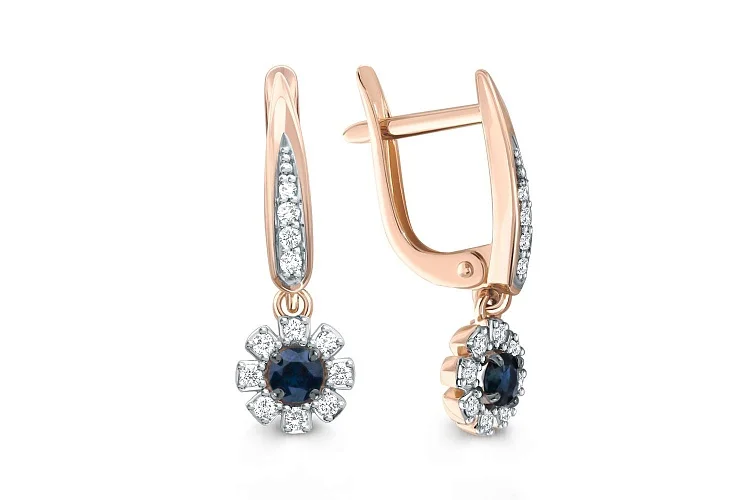 Серьги Цветы из красного золота с 2 сапфирами и 24 бриллиантами