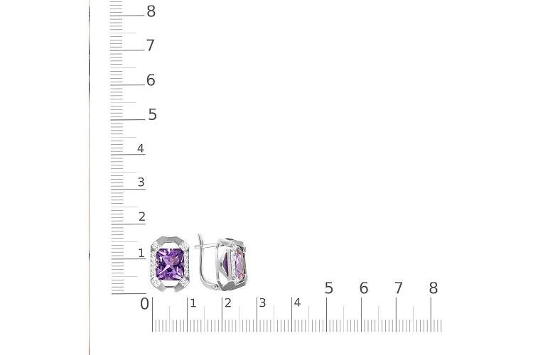 Серьги из белого золота с 2 аметистами и 28 фианитами