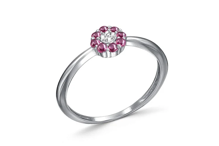 Кольцо Цветок из белого золота с 8 рубинами и 4 бриллиантами
