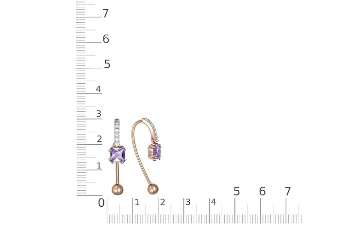 Серьги из красного золота с 2 аметистами и 14 фианитами