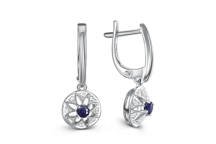 Серьги Цветы из белого золота с 2 сапфирами и 16 фианитами