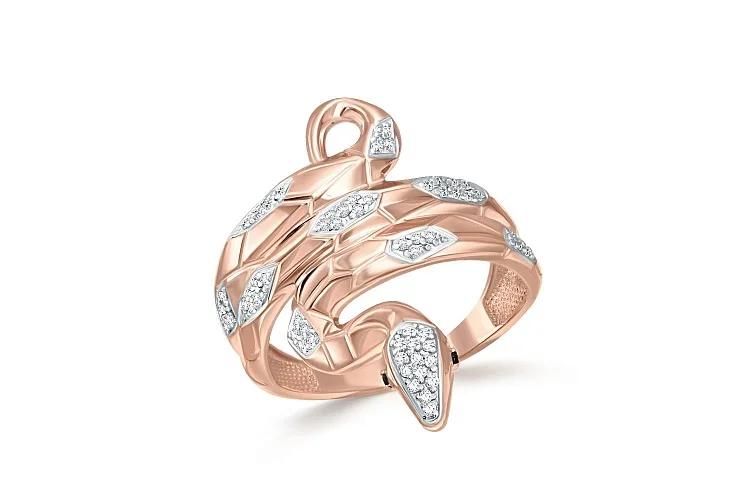 Кольцо Змея из красного золота с 64 фианитами