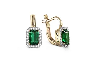 Серьги из жёлтого золота с 2 изумрудами и 44 фианитами