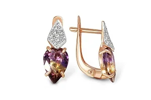 Серьги из красного золота с 2 аметринами и 22 фианитами