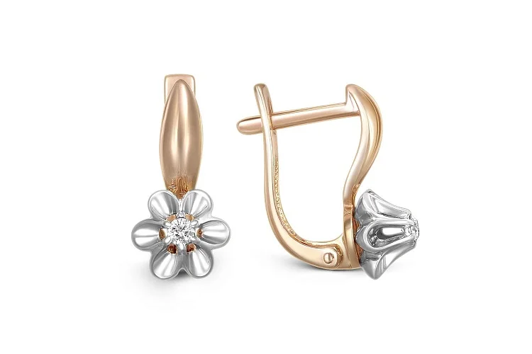 Серьги Цветы из красного золота с 2 фианитами