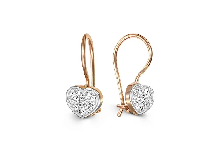 Детские серьги Сердца из красного золота с 26 фианитами