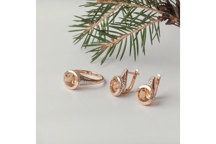 Серьги из красного золота с 2 цитринами и 58 фианитами