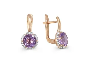 Серьги из красного золота с 2 аметистами и 36 фианитами