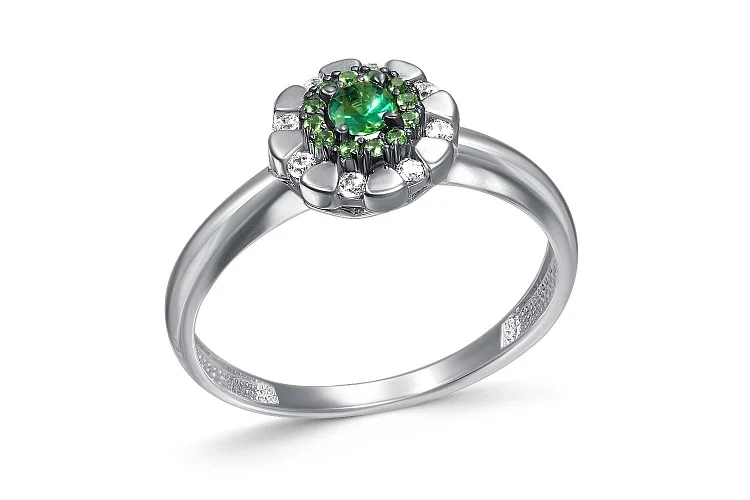 Кольцо Цветок из белого золота с 13 изумрудами и 8 бриллиантами