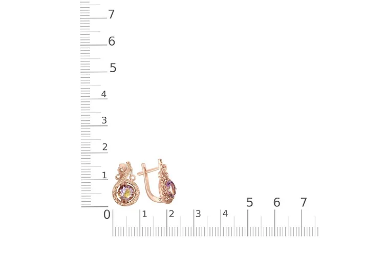 Серьги из красного золота с 2 аметринами и 44 фианитами