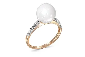 Кольцо из красного золота с жемчугом и 48 фианитами