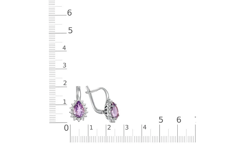 Серьги из белого золота с 2 аметистами и 28 фианитами