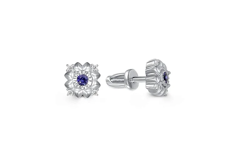 Серьги-пусеты Цветы из белого золота с 2 корундами и 8 фианитами