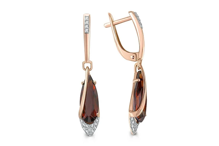 Серьги из красного золота с 2 наноситалами и 32 фианитами