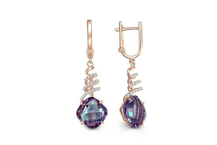 Серьги из красного золота с 2 александритами и 36 фианитами