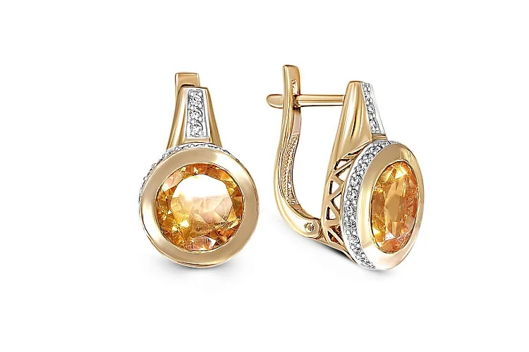 Серьги из жёлтого золота с 2 цитринами и 58 фианитами