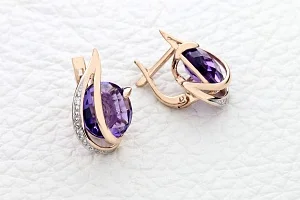 Серьги из красного золота с 2 аметистами и 6 фианитами